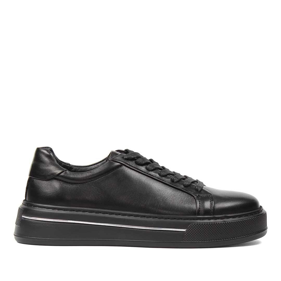 Erkek Siyah Bağcıklı Kalın Tabanlı Deri Sneaker