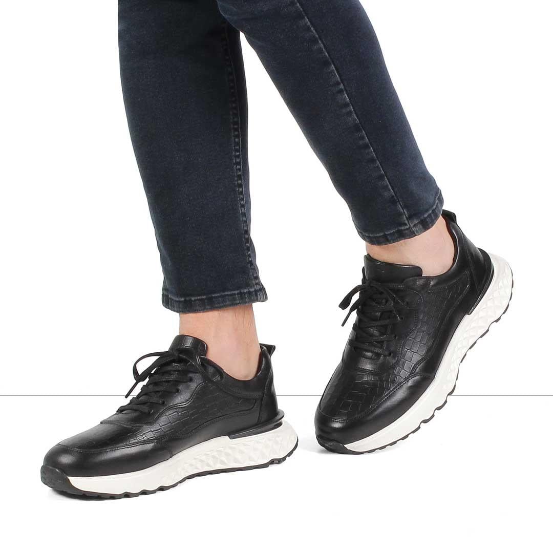 Erkek Siyah Bağcıklı Kalın Tabanlı Kroko Deri Sneaker