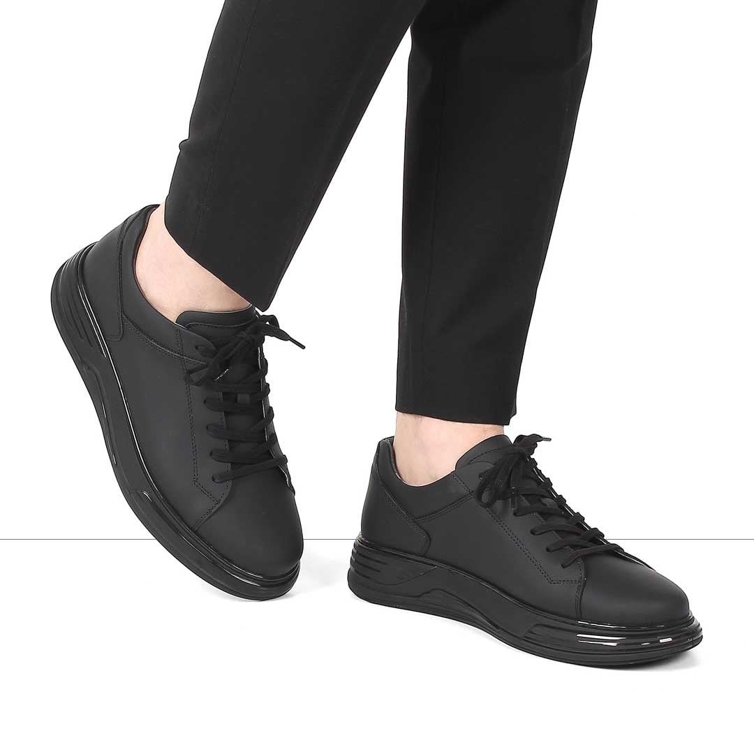 Erkek Siyah Bağcıklı Kalın Tabanlı Mat Deri Sneaker