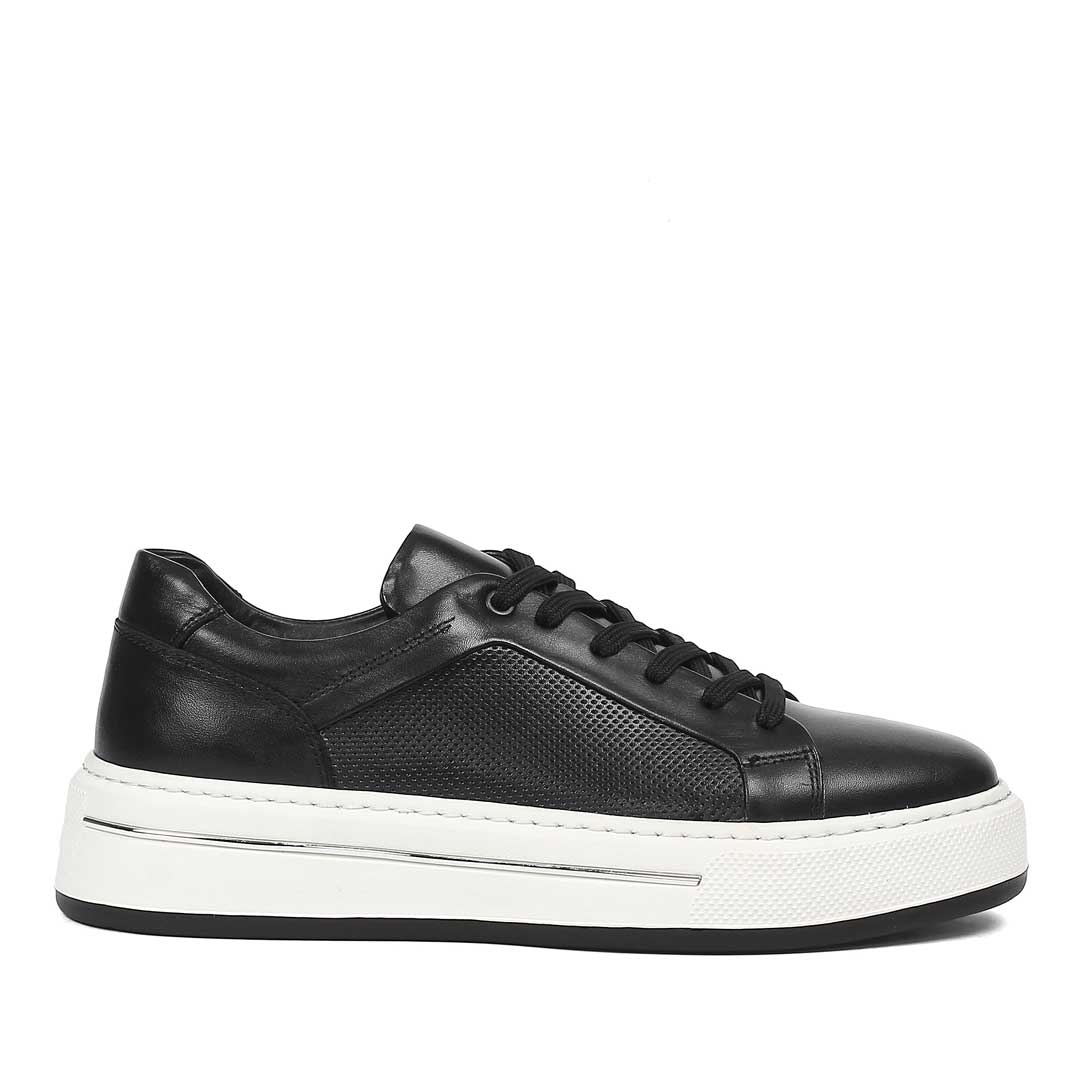 Erkek Siyah Baskılı Bağcıklı Kalın Tabanlı Deri Sneaker
