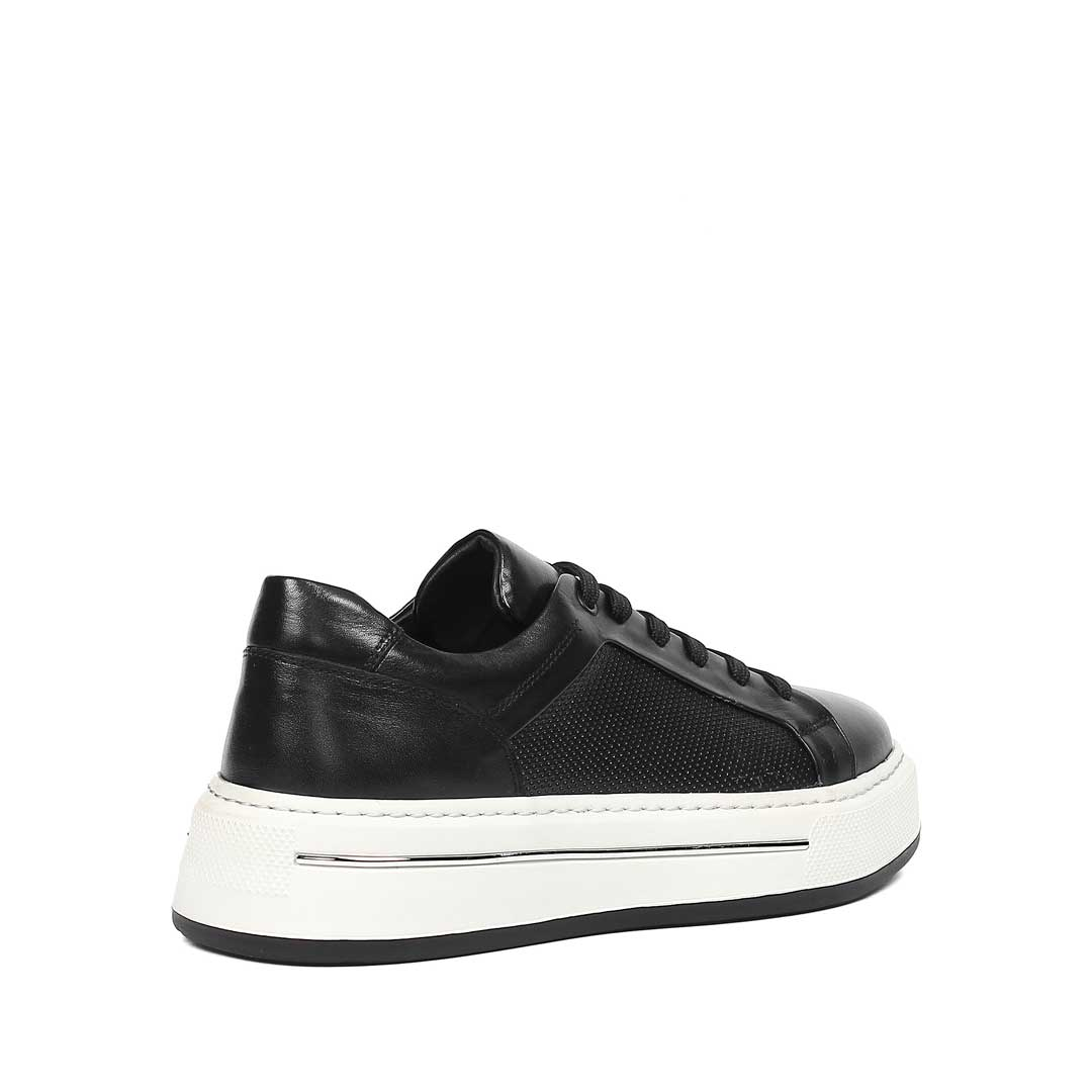 Erkek Siyah Baskılı Bağcıklı Kalın Tabanlı Deri Sneaker