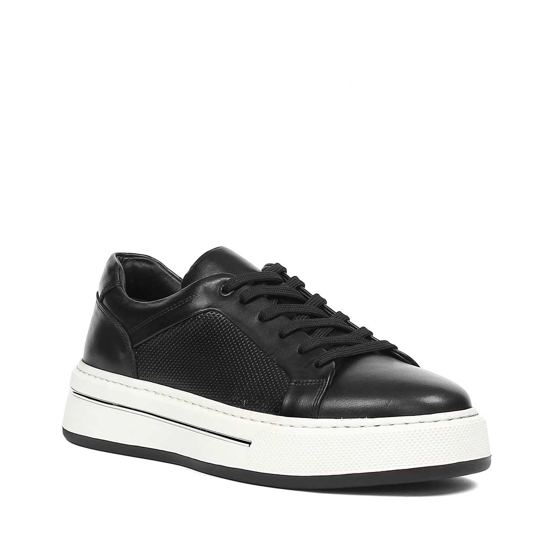 Erkek Siyah Baskılı Bağcıklı Kalın Tabanlı Deri Sneaker