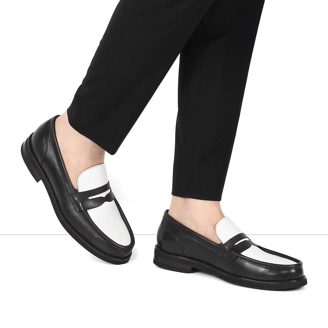 Erkek Siyah Beyaz Deri Loafer