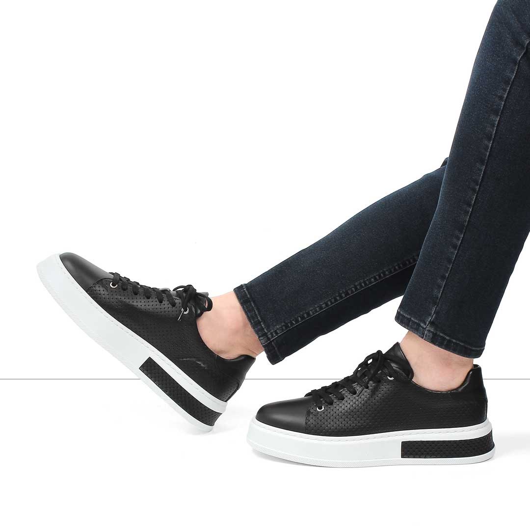 Erkek Siyah Kalın Tabanlı Deri Sneaker