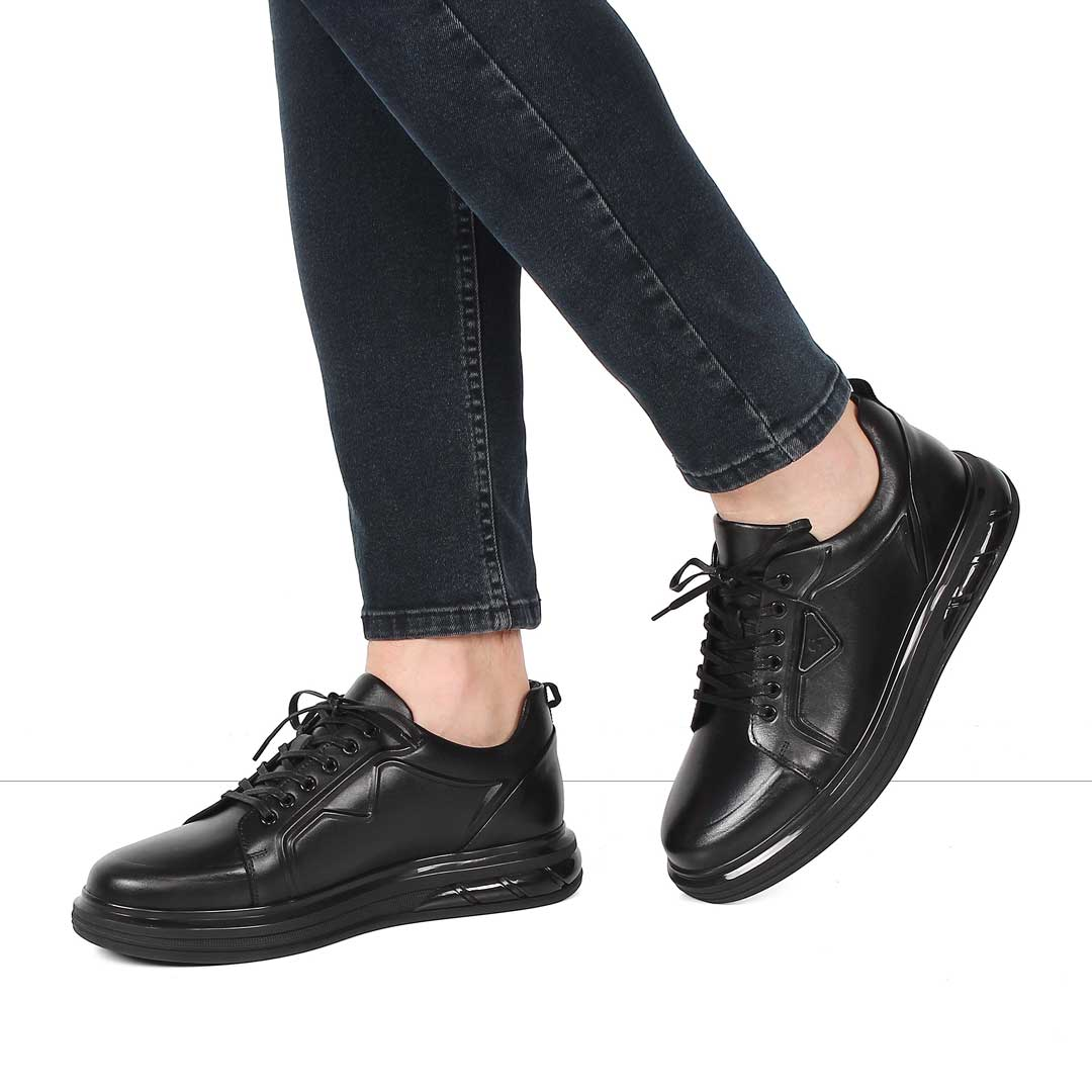 Erkek Siyah Kalın Tabanlı Deri Sneaker