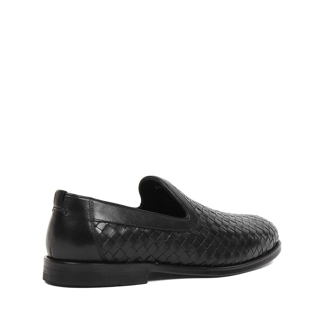 Erkek Siyah Kösele Taban Örgü Deri Loafer