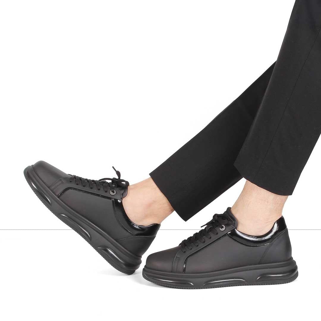 Erkek Siyah Mat Bağcıklı Kalın Tabanlı Deri Sneaker