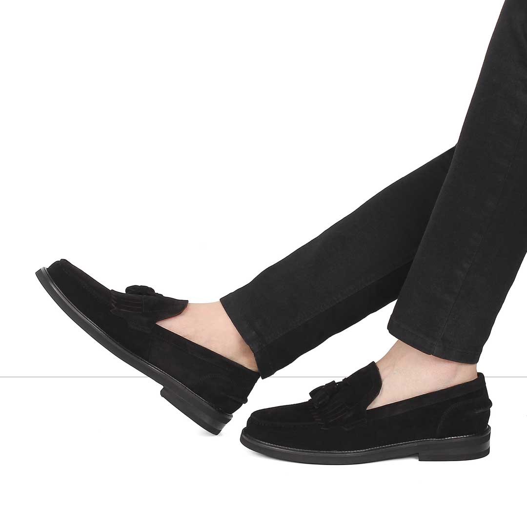 Erkek Siyah Püsküllü Süet Deri Loafer