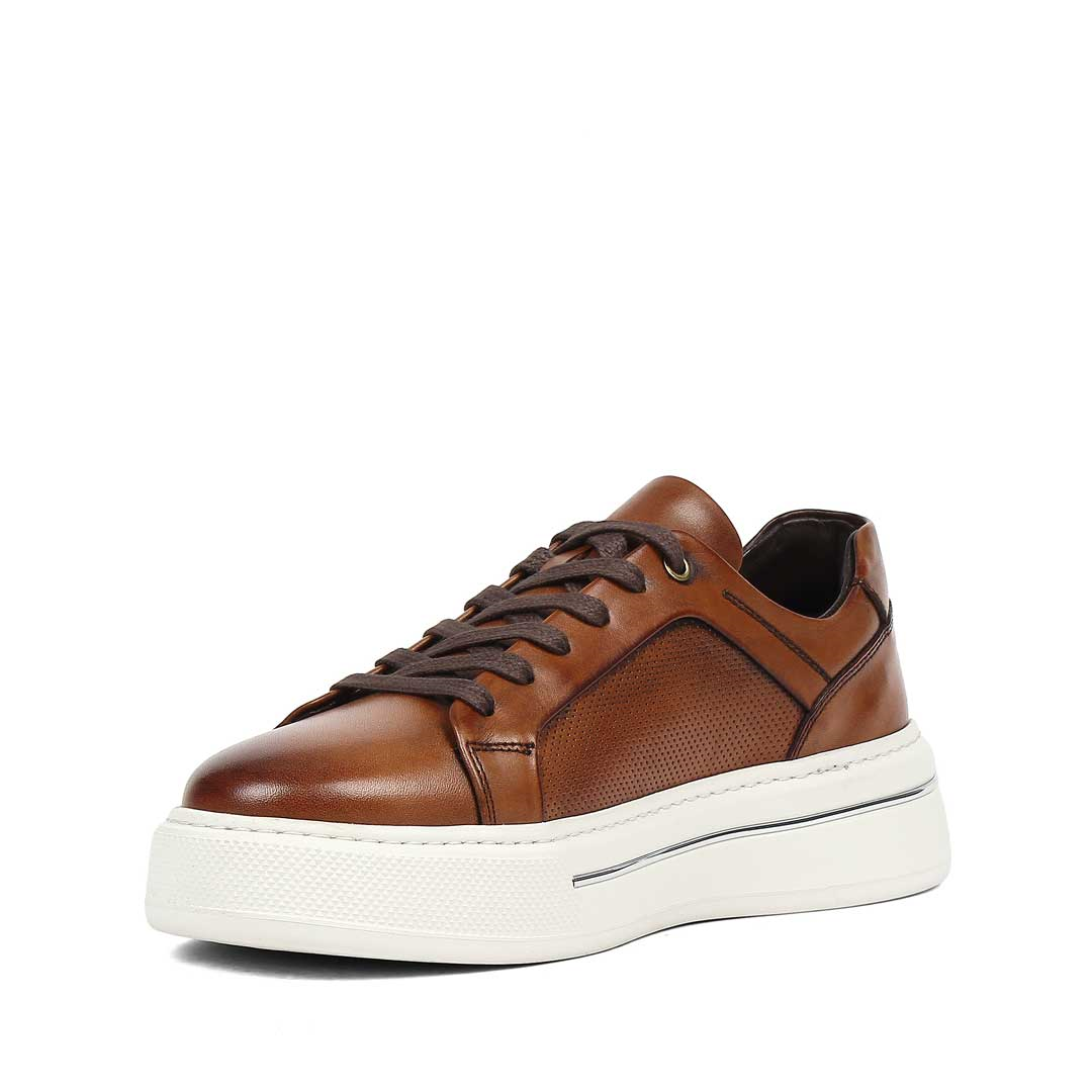 Erkek Taba Baskılı Bağcıklı Kalın Tabanlı Deri Sneaker