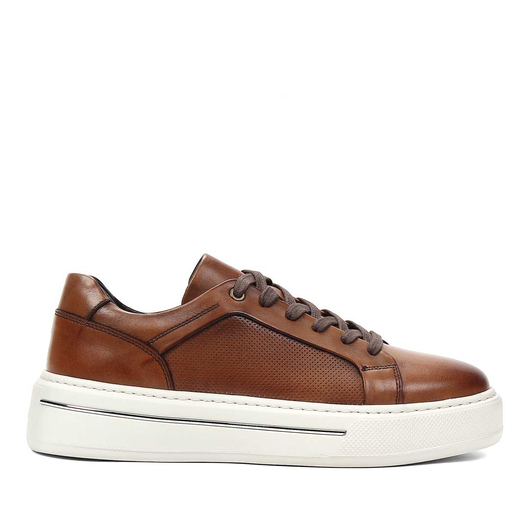 Erkek Taba Baskılı Bağcıklı Kalın Tabanlı Deri Sneaker