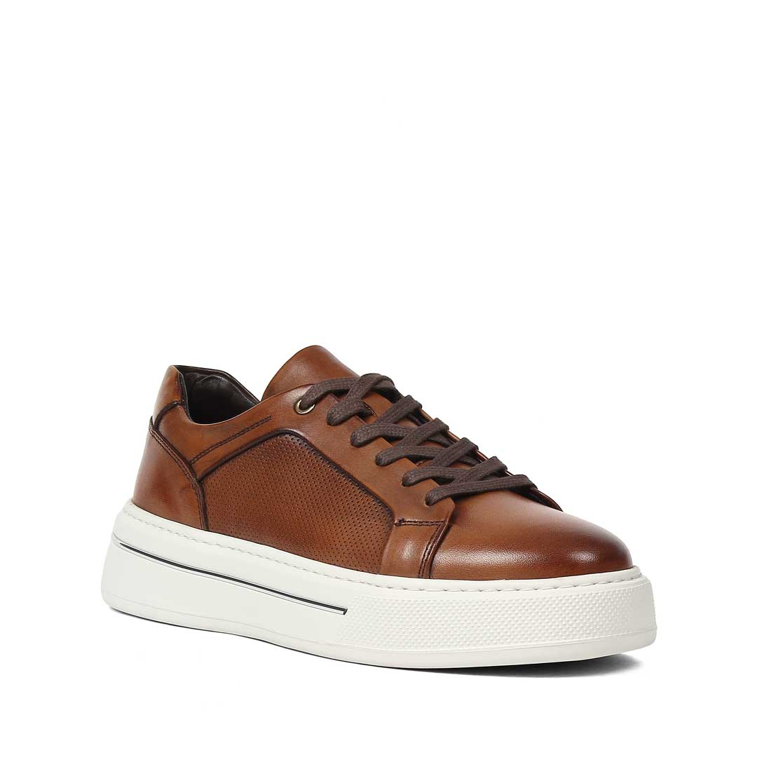 Erkek Taba Baskılı Bağcıklı Kalın Tabanlı Deri Sneaker