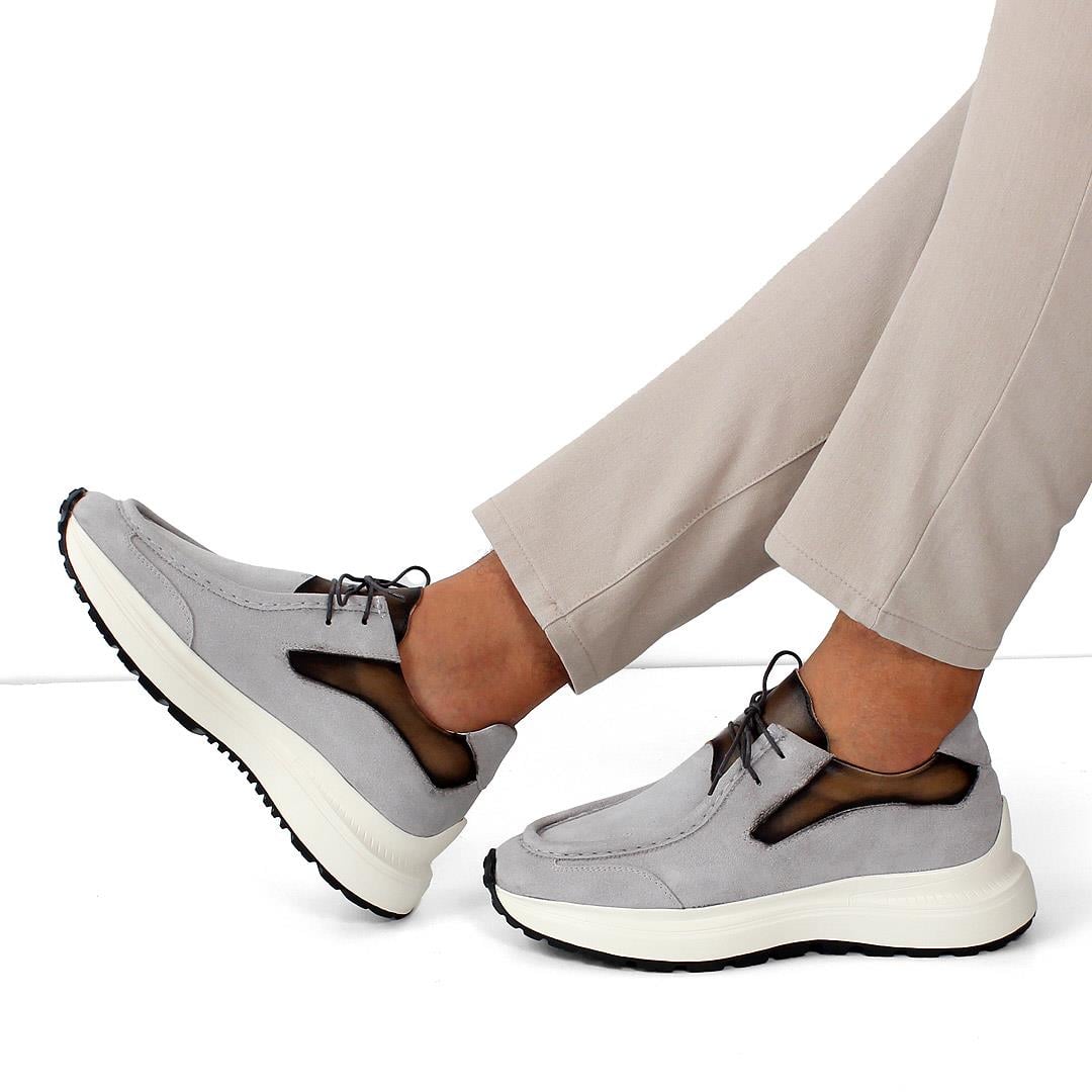 Erkek Gri Bağcıklı Kalın Tabanlı Süet Deri Sneaker