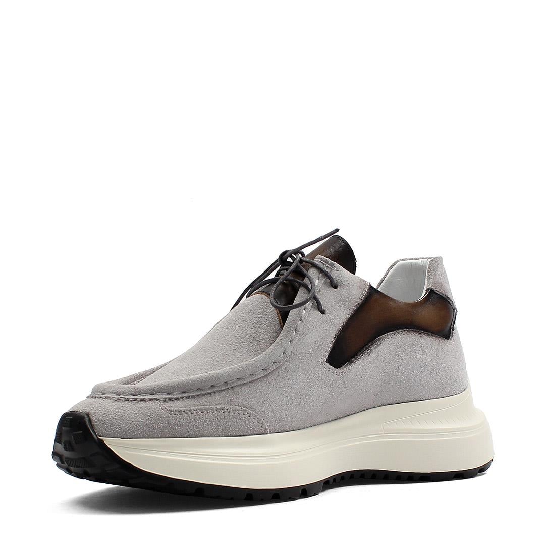 Erkek Gri Bağcıklı Kalın Tabanlı Süet Deri Sneaker