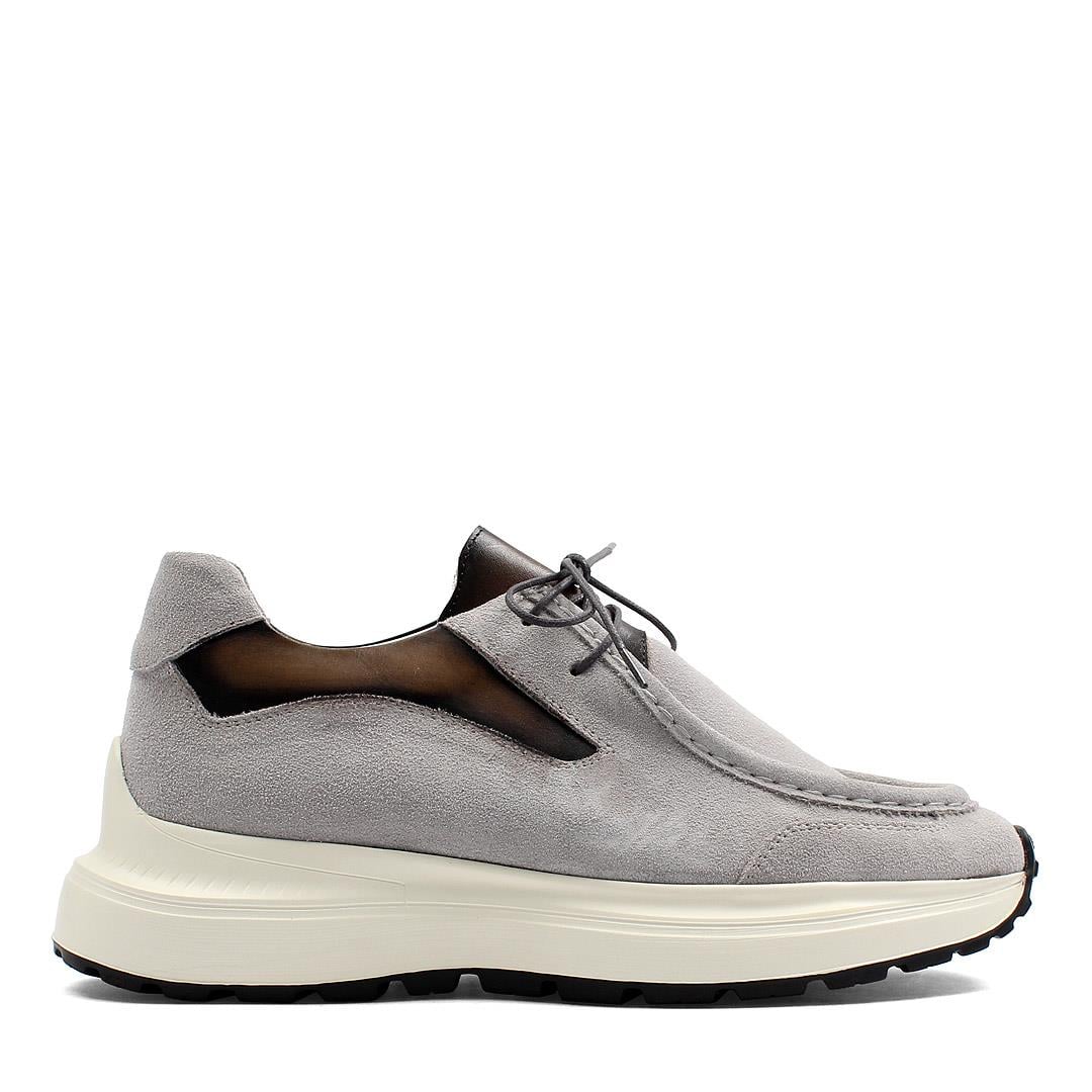 Erkek Gri Bağcıklı Kalın Tabanlı Süet Deri Sneaker