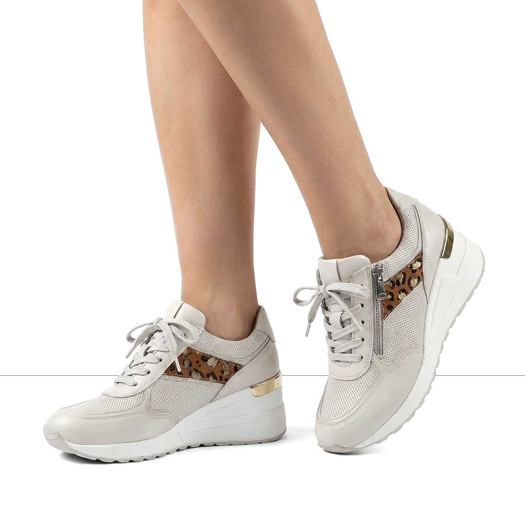 Kadın Bej Bağcıklı Dolgu Topuklu Deri Sneaker