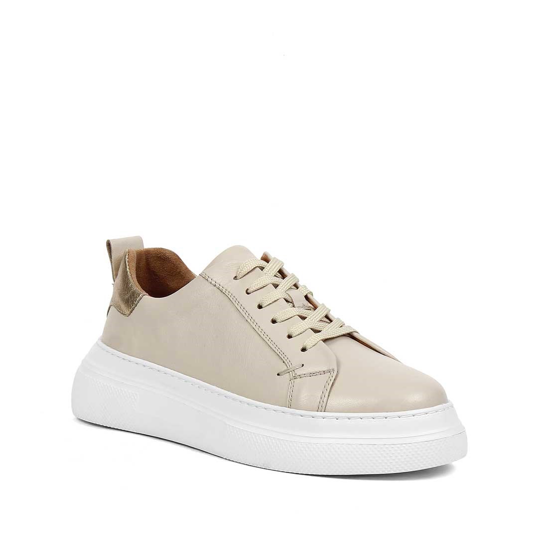 Kadın Bej Bağcıklı Kalın Tabanlı Deri Sneaker
