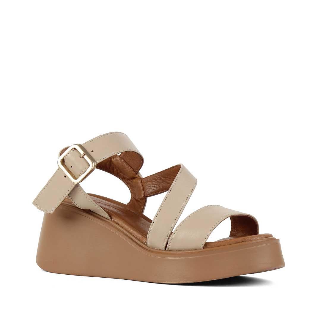 Kadın Bej Platform Topuklu Deri Sandalet