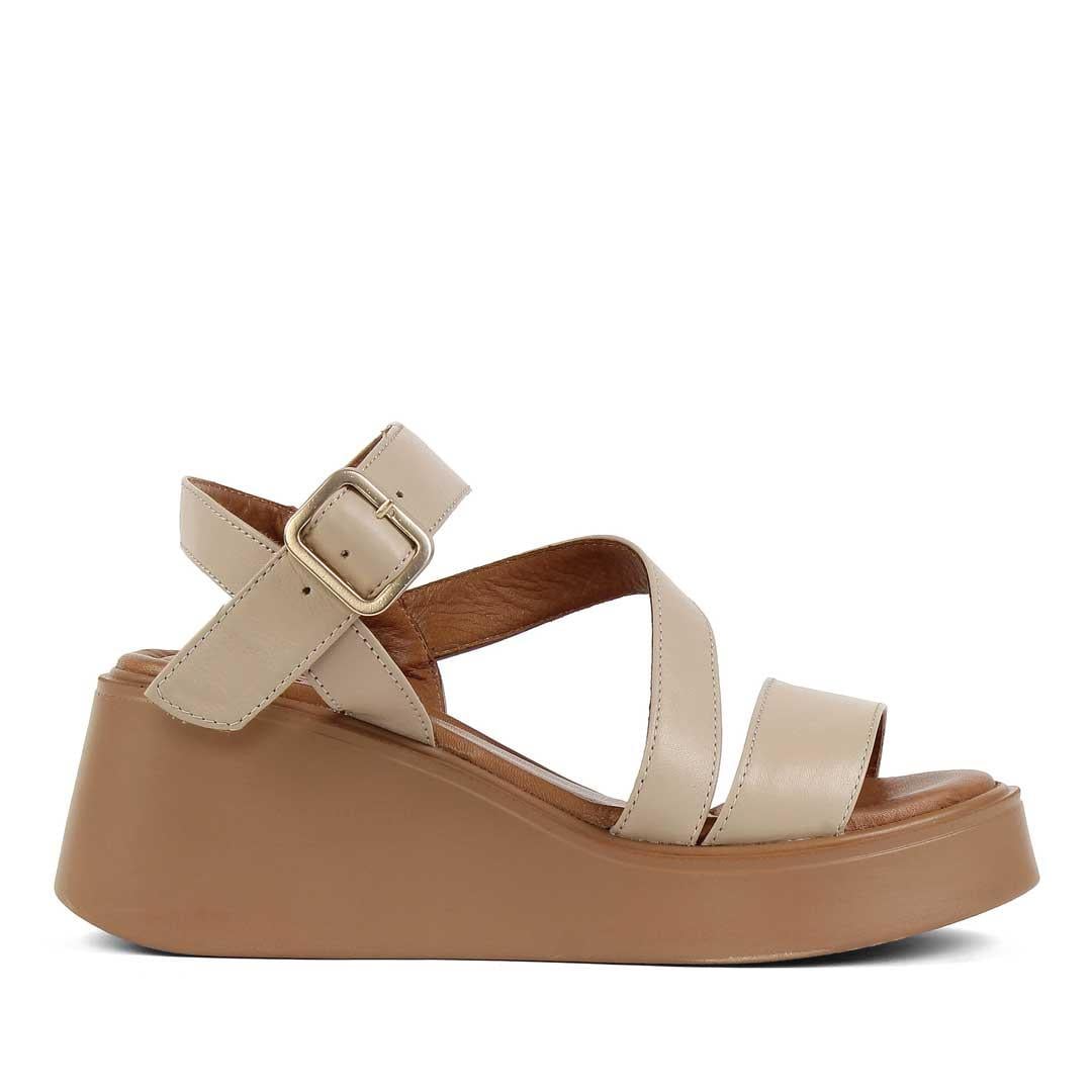 Kadın Bej Platform Topuklu Deri Sandalet
