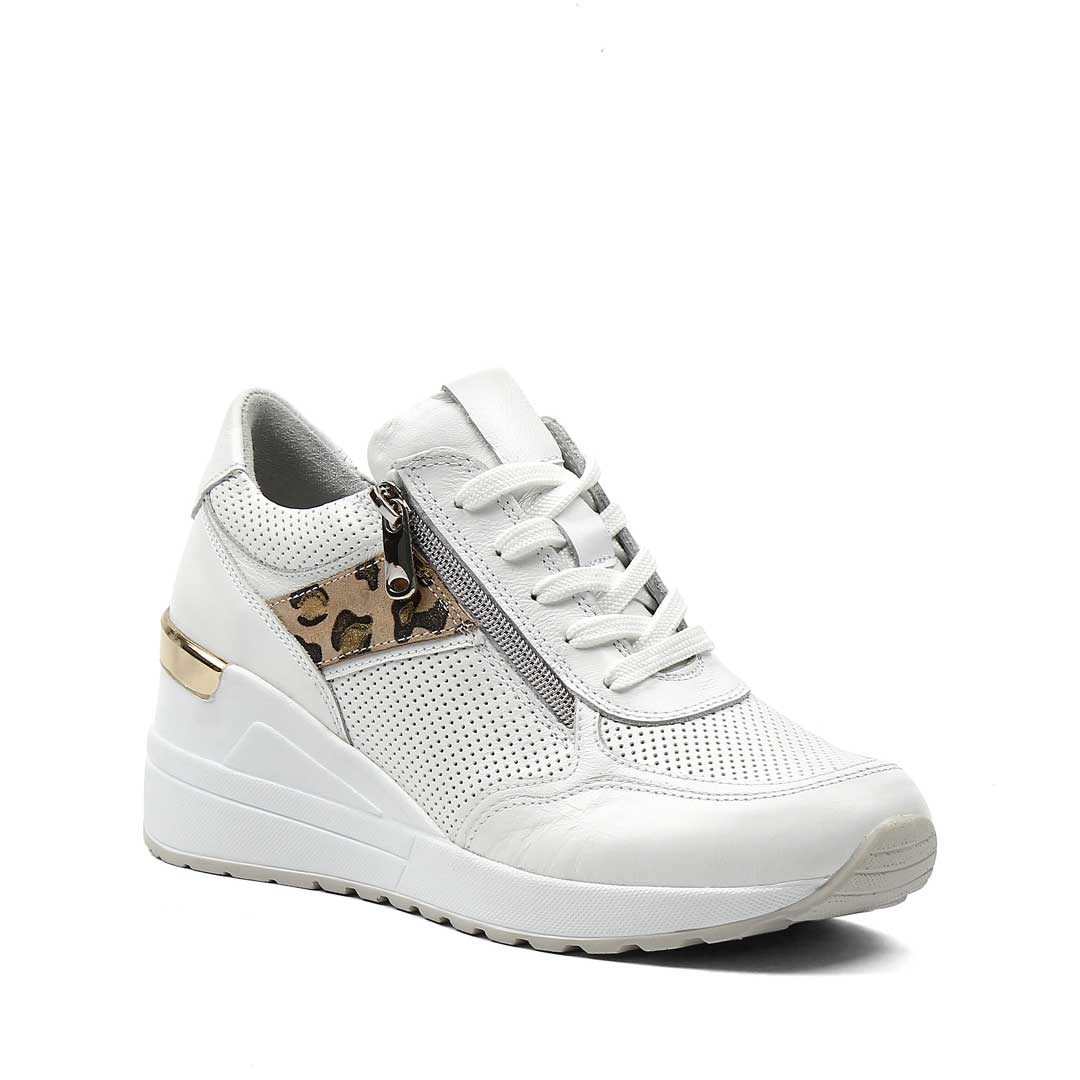Kadın Beyaz Bağcıklı Dolgu Topuklu Deri Sneaker