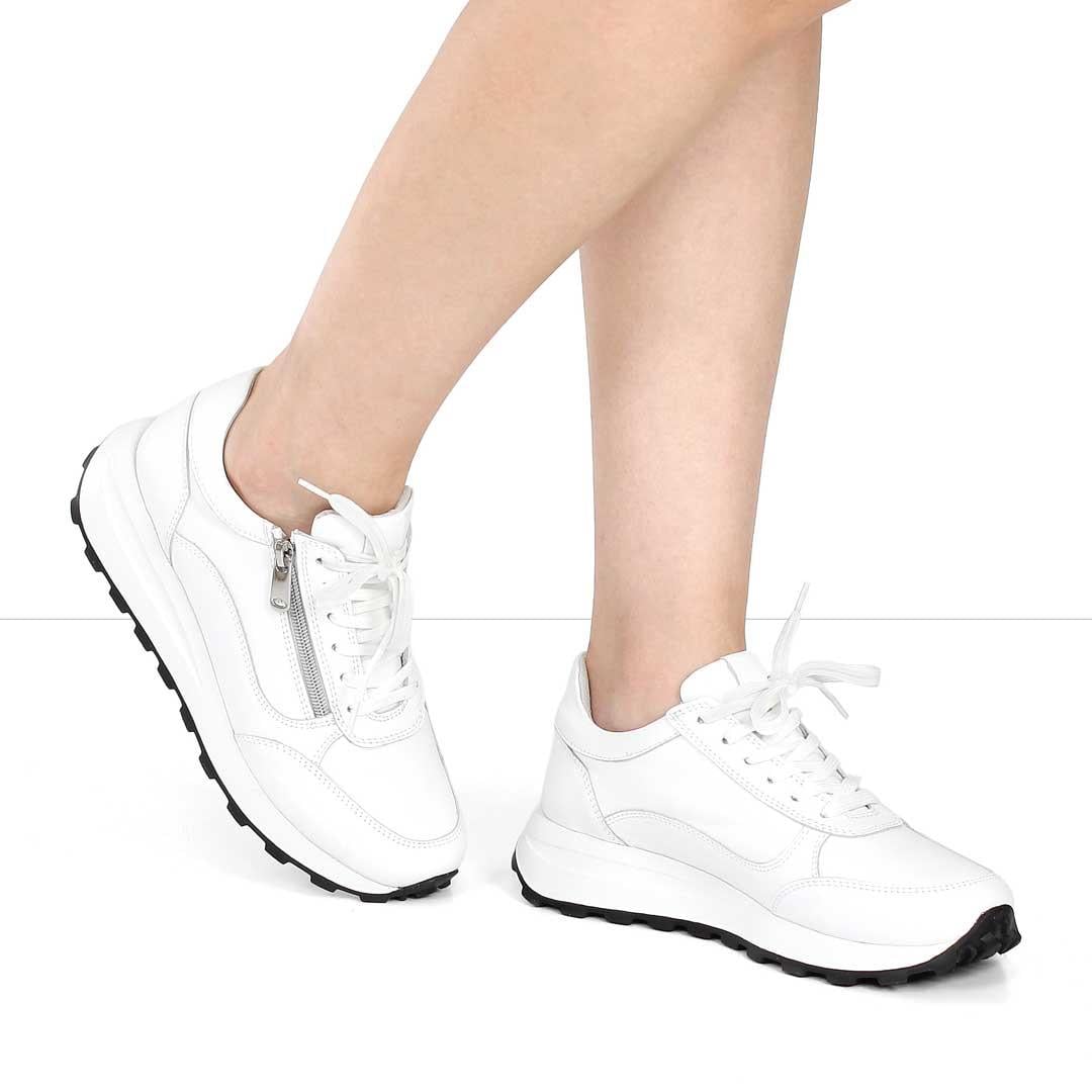 Kadın Beyaz Bağcıklı Fermuarlı Deri Sneaker