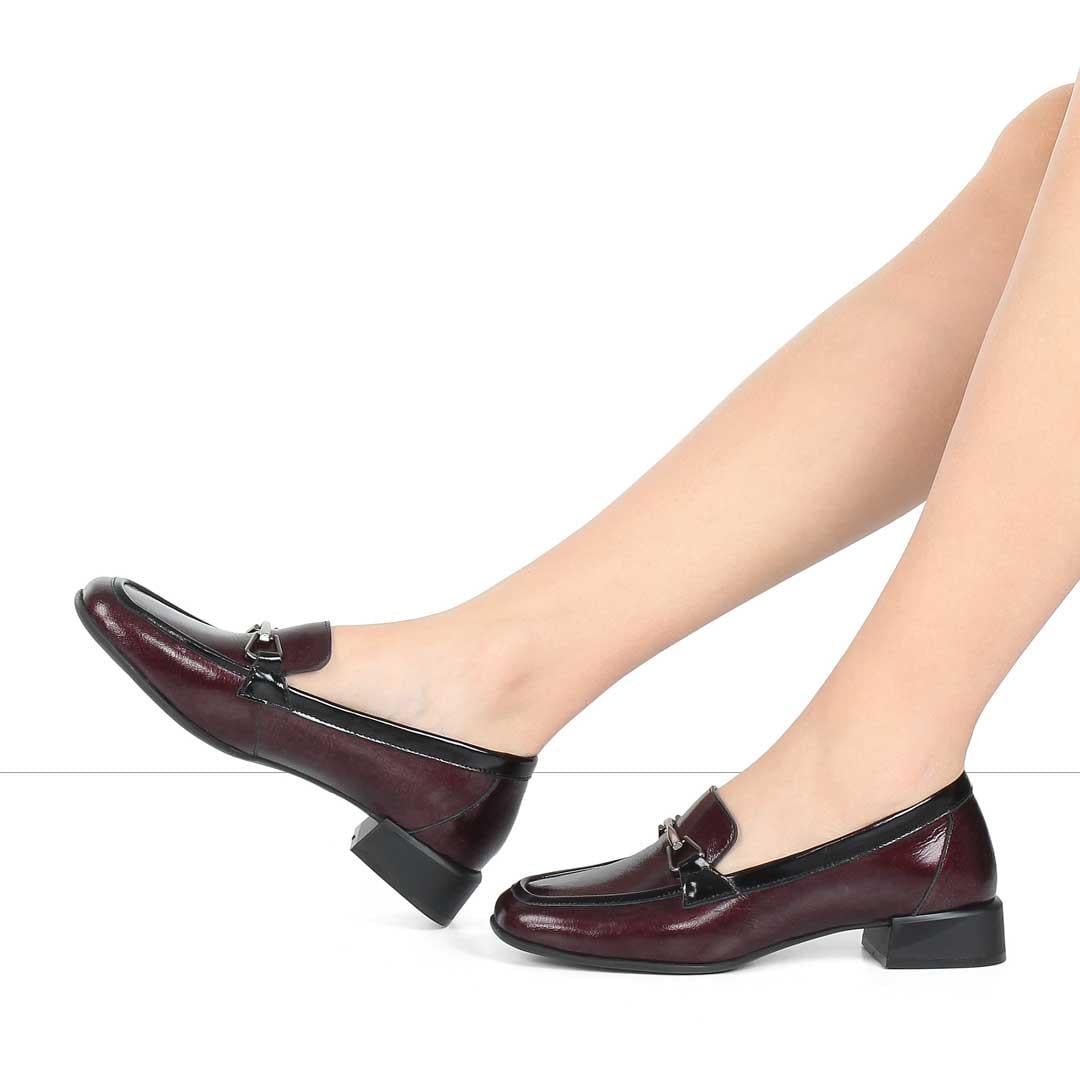 Kadın Bordo Kalın Topuklu Rugan Deri Loafer