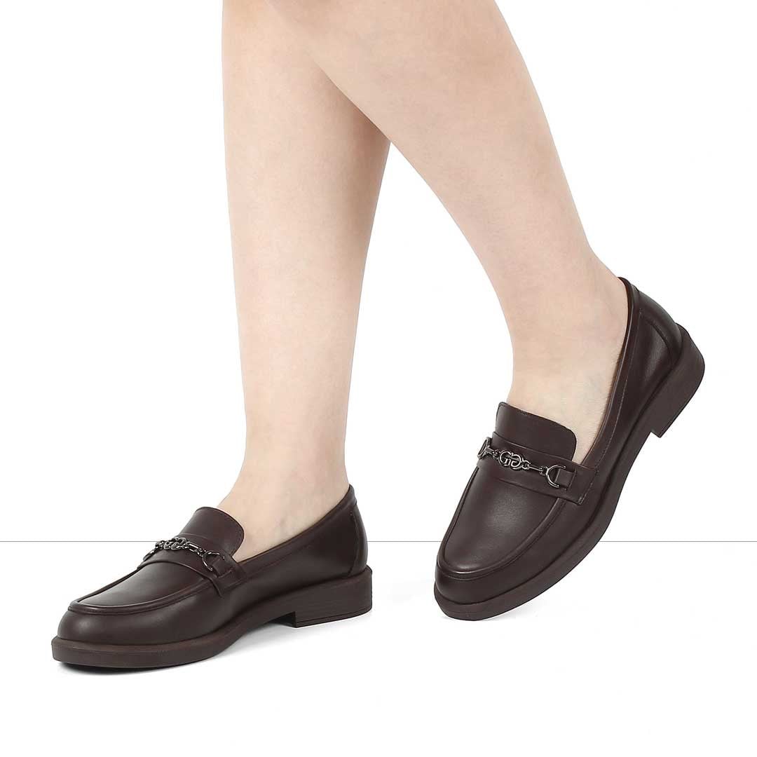 Kadın Kahverengi Tokalı Deri Loafer