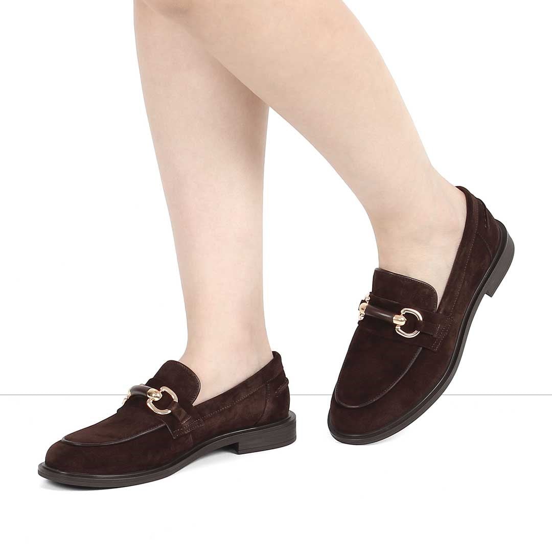 Kadın Kahverengi Tokalı Süet Deri Loafer