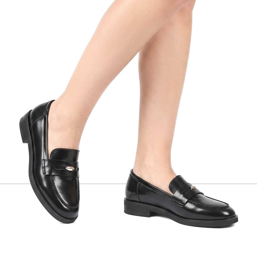 Kadın Siyah Açma Deri Loafer