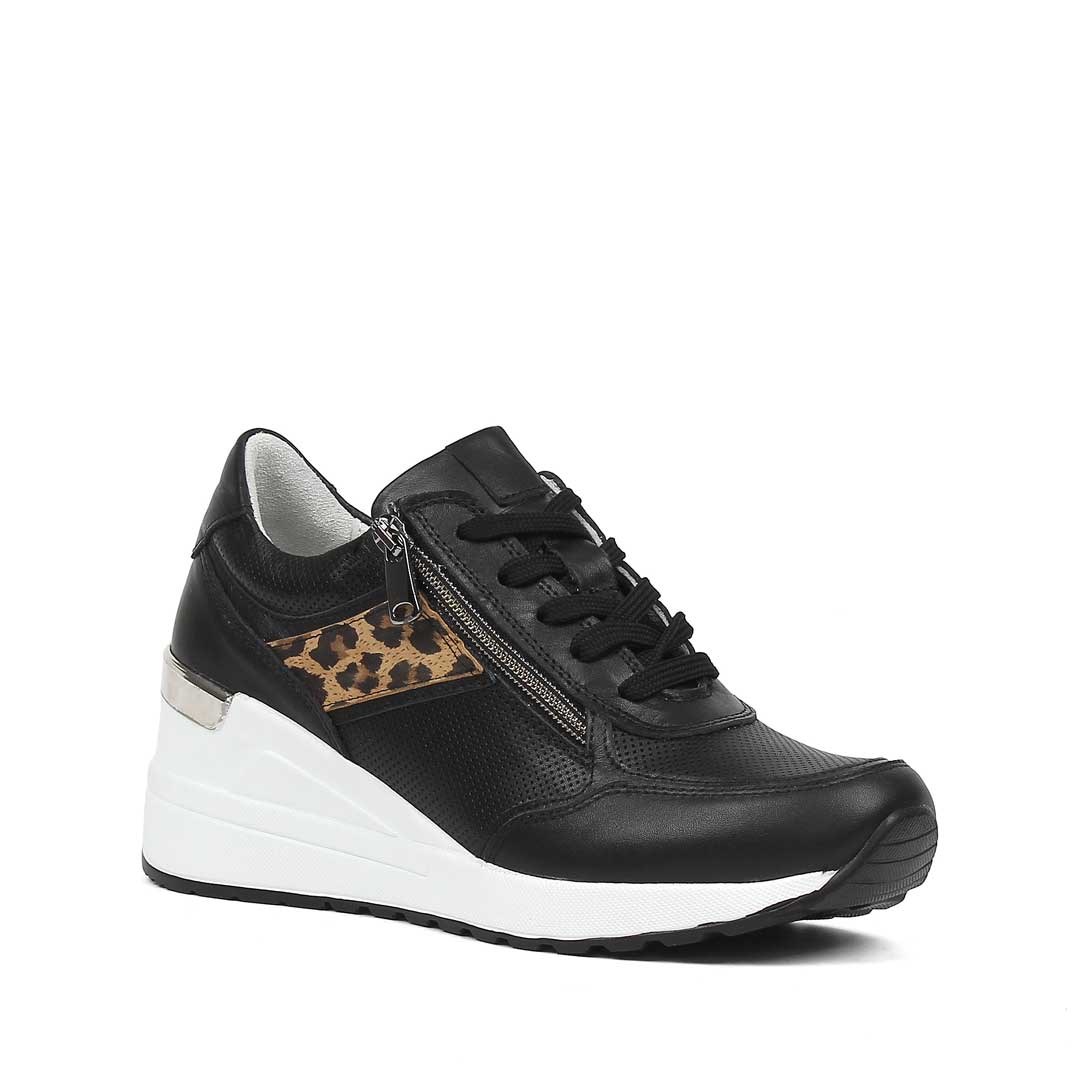 Kadın Siyah Bağcıklı Dolgu Topuklu Deri Sneaker