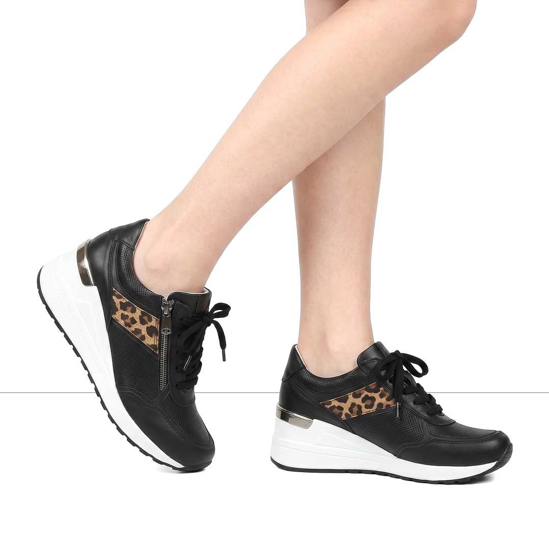 Kadın Siyah Bağcıklı Dolgu Topuklu Deri Sneaker