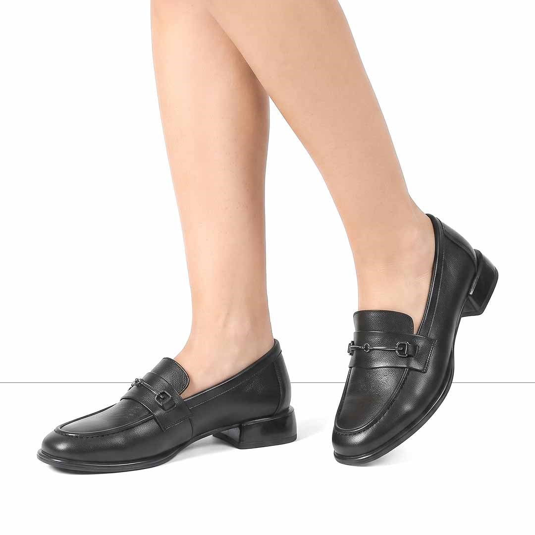 Kadın Siyah Kalın Topuklu Deri Loafer