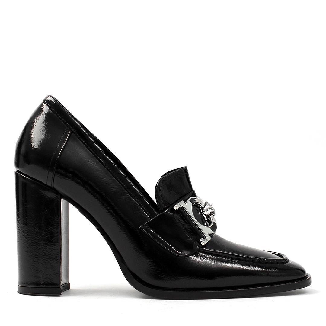 Kadın Siyah Tokalı Kalın Topuklu Rugan Deri Klasik Ayakkabı