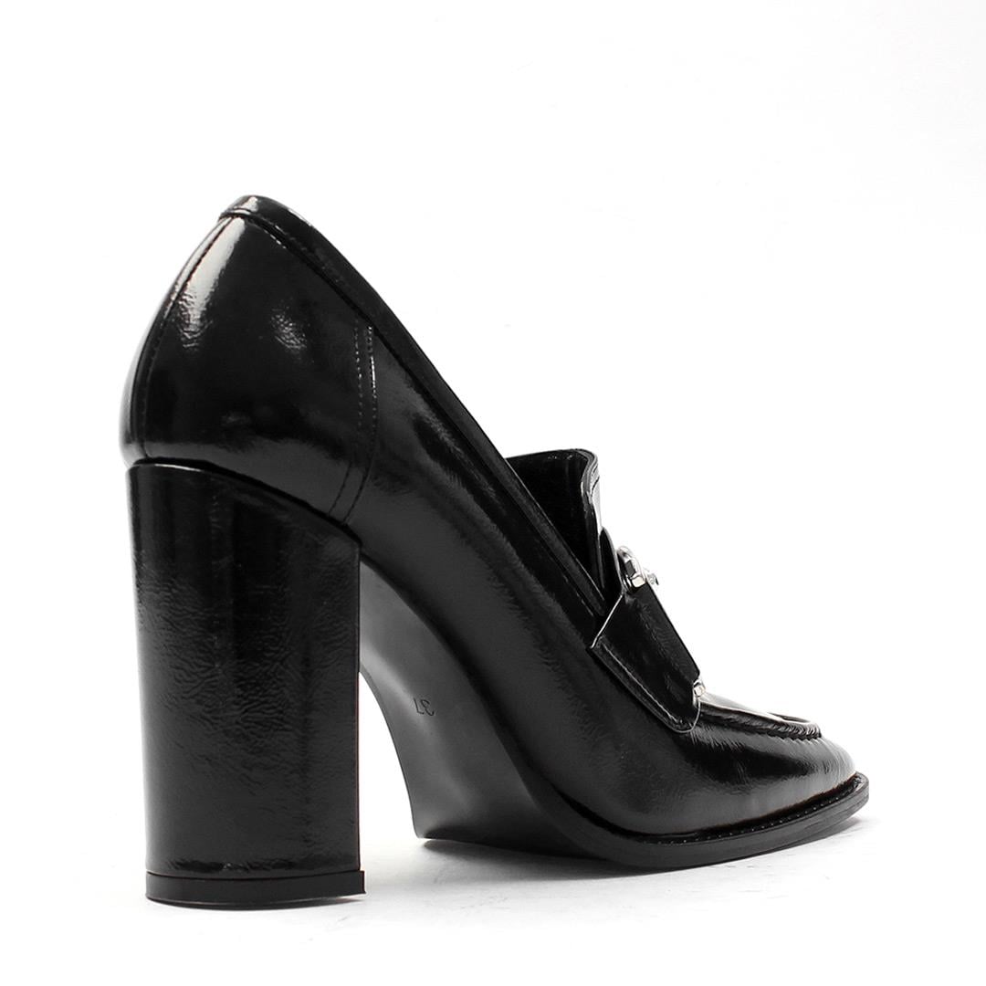 Kadın Siyah Tokalı Kalın Topuklu Rugan Deri Klasik Ayakkabı