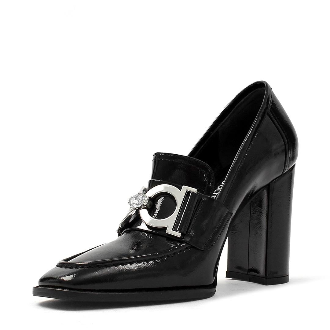 Kadın Siyah Tokalı Kalın Topuklu Rugan Deri Klasik Ayakkabı