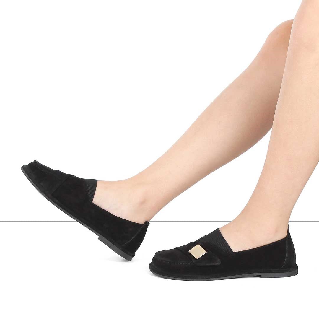 Kadın Siyah Tokalı Süet Deri Loafer