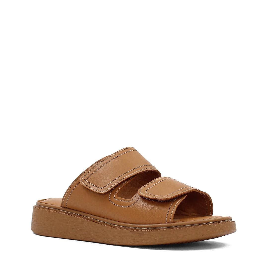 Kadın Taba Çift Bantlı Önü Cırt Cırtlı Deri Terlik