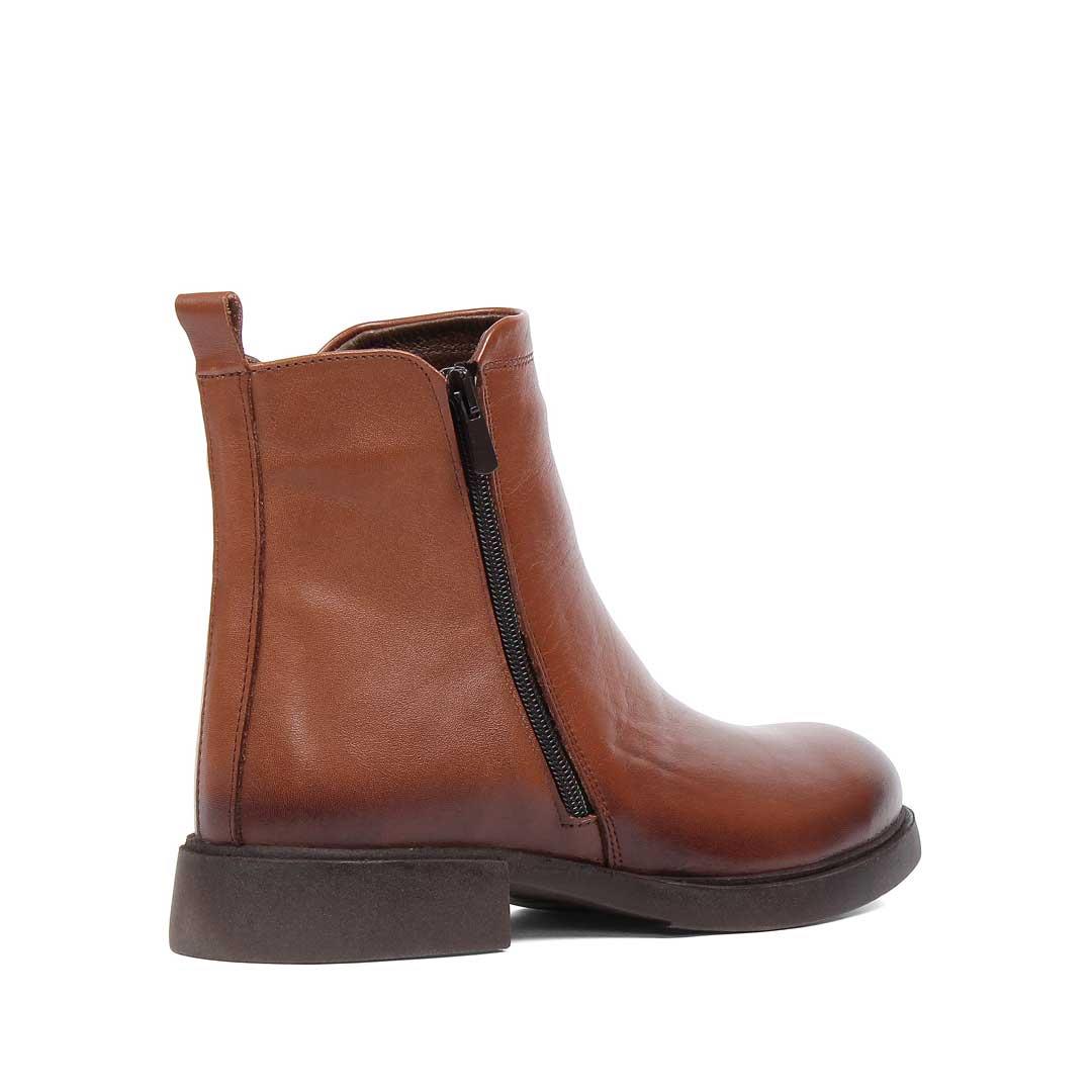 Kadın Taba Çift Fermuarlı Deri Bot