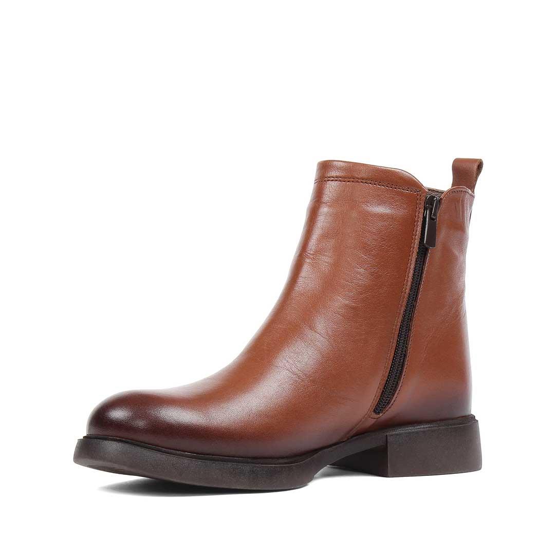 Kadın Taba Çift Fermuarlı Deri Bot