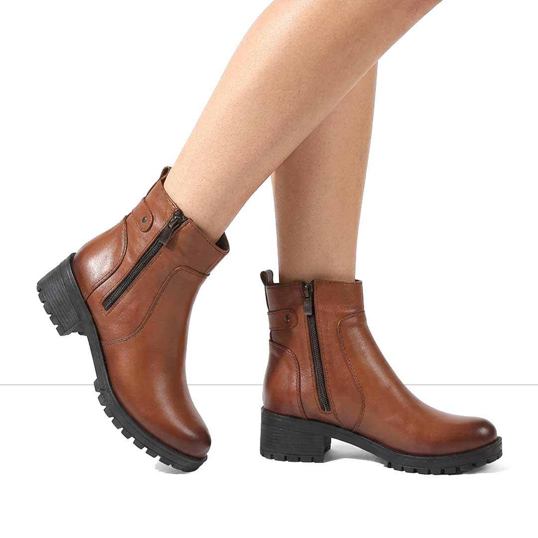 Kadın Taba Çift Fermuarlı Kalın Topuklu Deri Bot