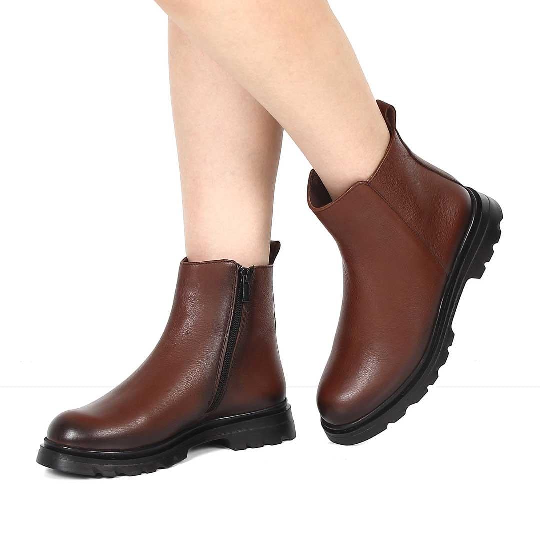 Kadın Taba Fermuarlı Deri Bot
