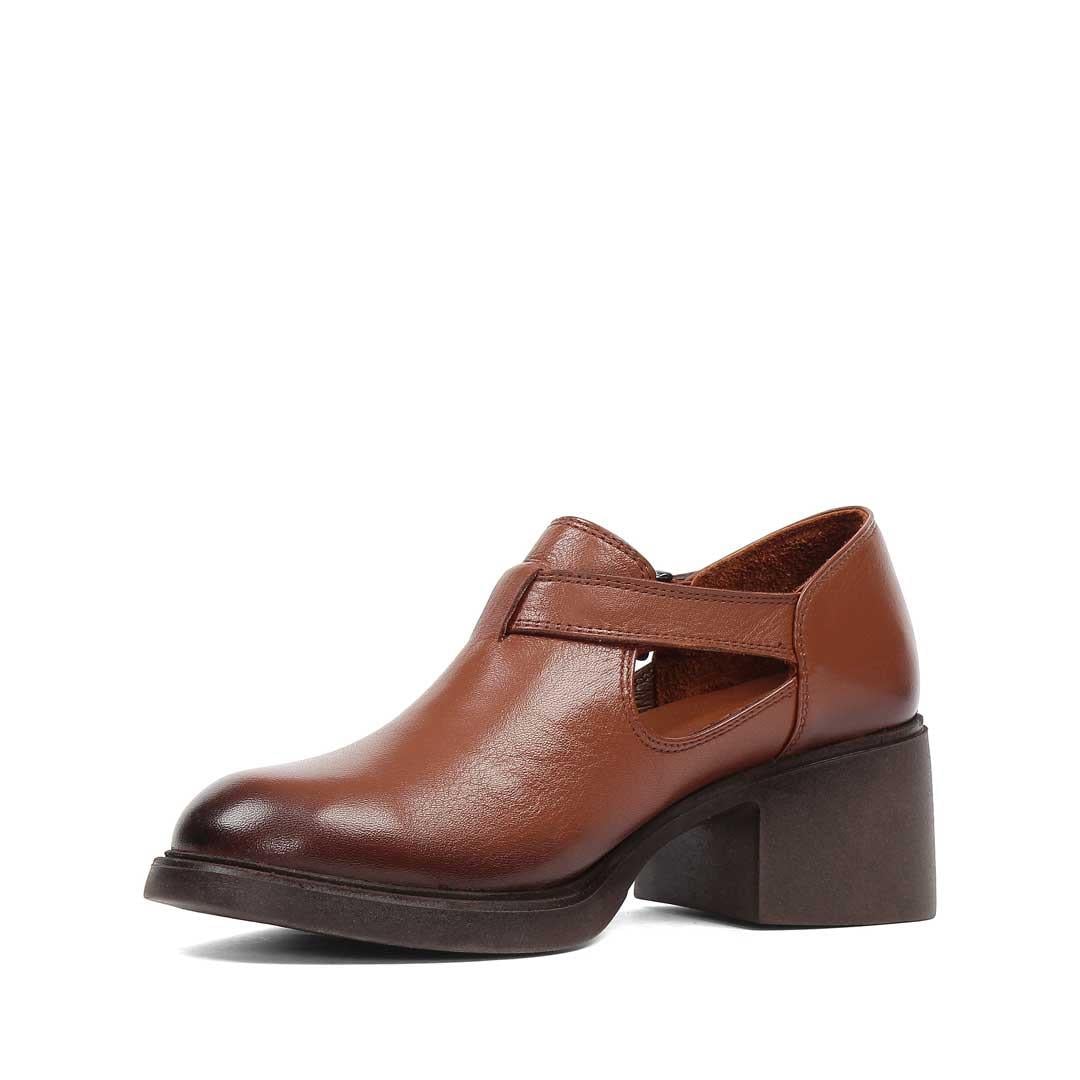 Kadın Taba Kalın Topuklu Deri Klasik Ayakkabı