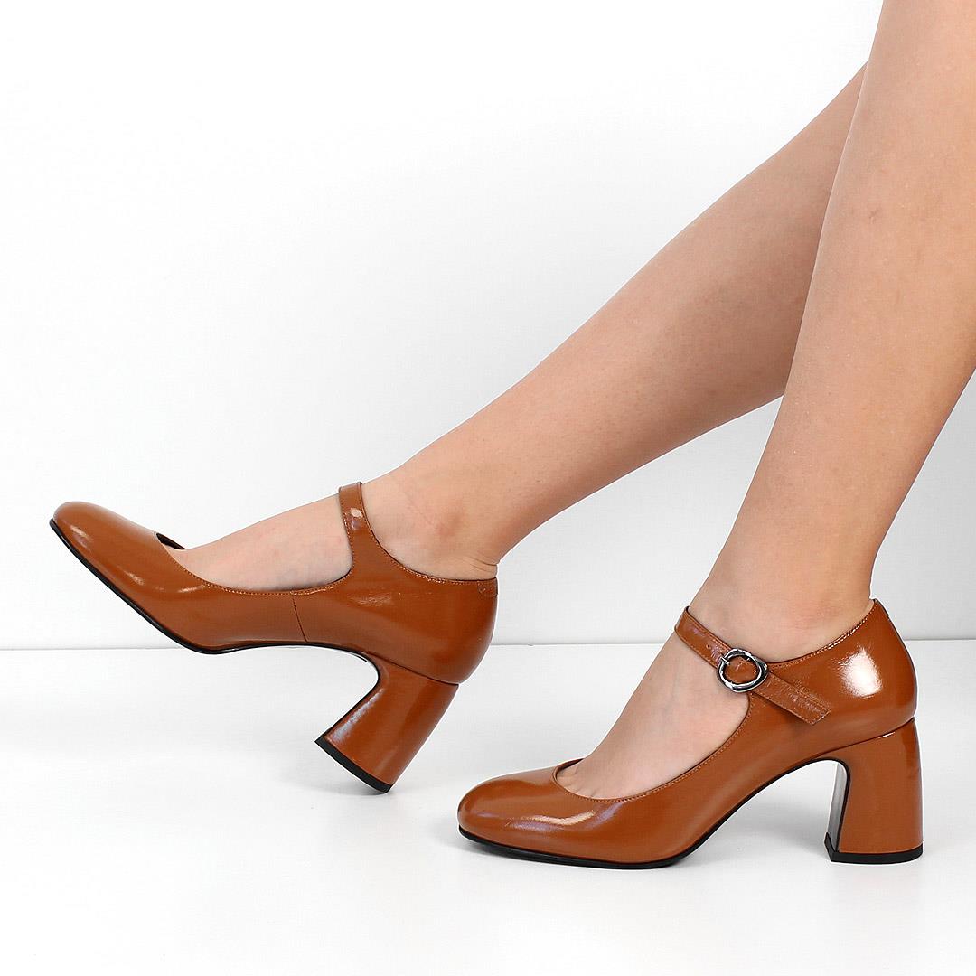 Kadın Taba Kalın Topuklu Rugan Deri Klasik Ayakkabı