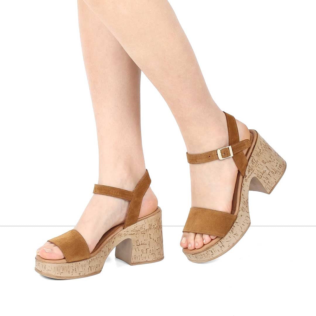 Kadın Taba Kalın Topuklu Süet Deri Sandalet