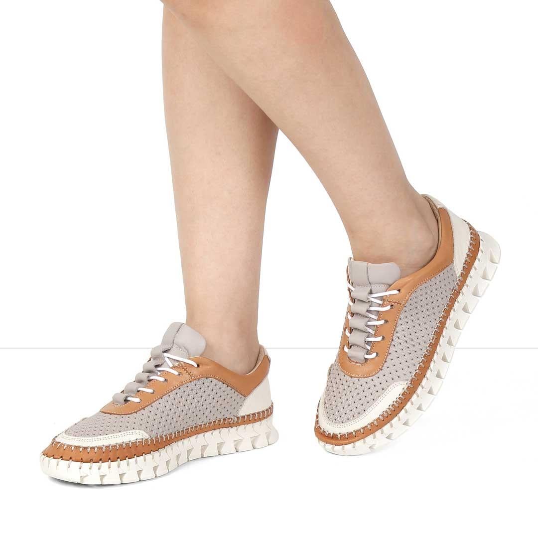 Kadın Vizon Taba Bağcıklı Kalın Tabanlı Deri Sneaker