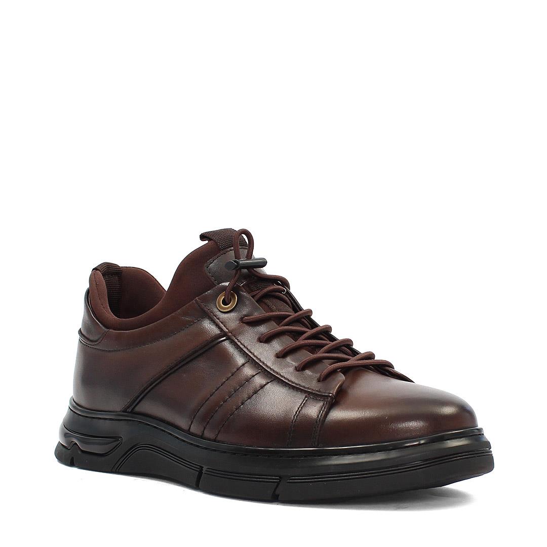 Erkek Kahverengi Bağcıklı Kalın Tabanlı Deri Sneaker