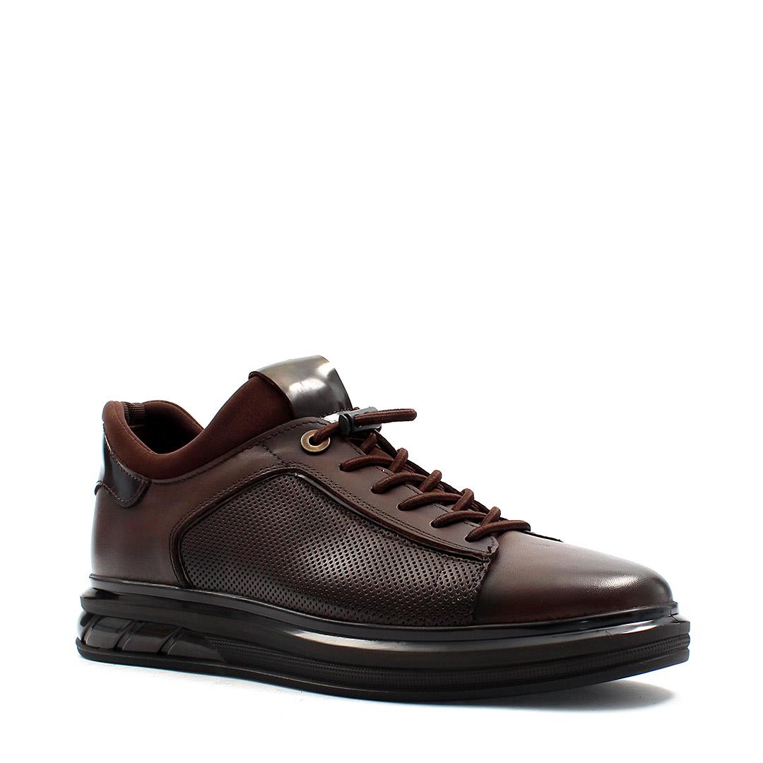 Erkek Kahverengi Bağcıklı Kalın Tabanlı Deri Sneaker