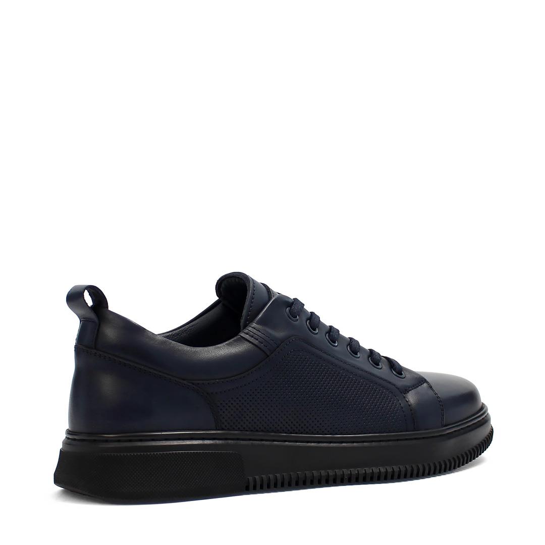 Erkek Lacivert Bağcıklı Baskılı Deri Sneaker