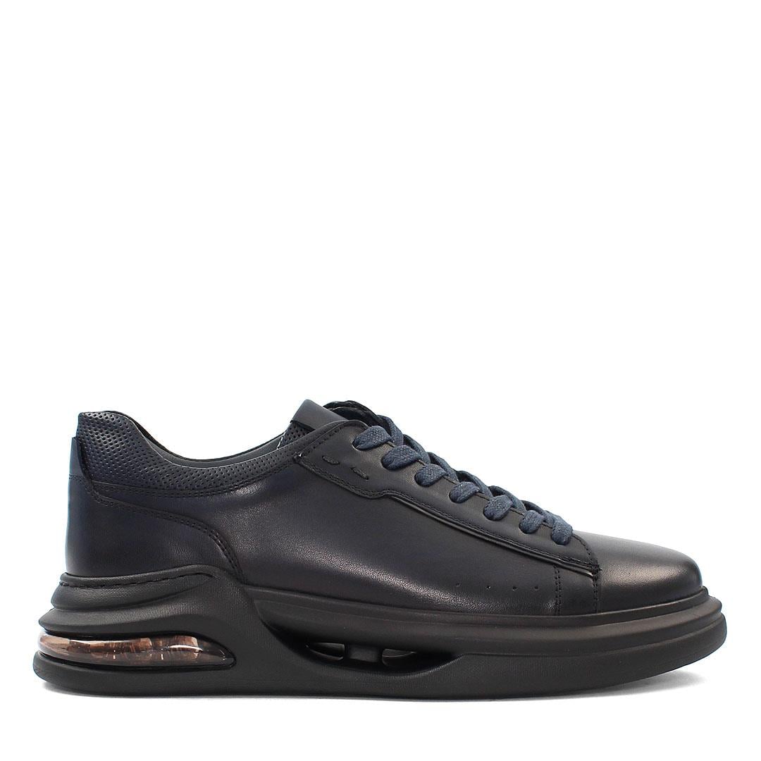 Erkek Lacivert Bağcıklı Kalın Tabanlı Deri Sneaker