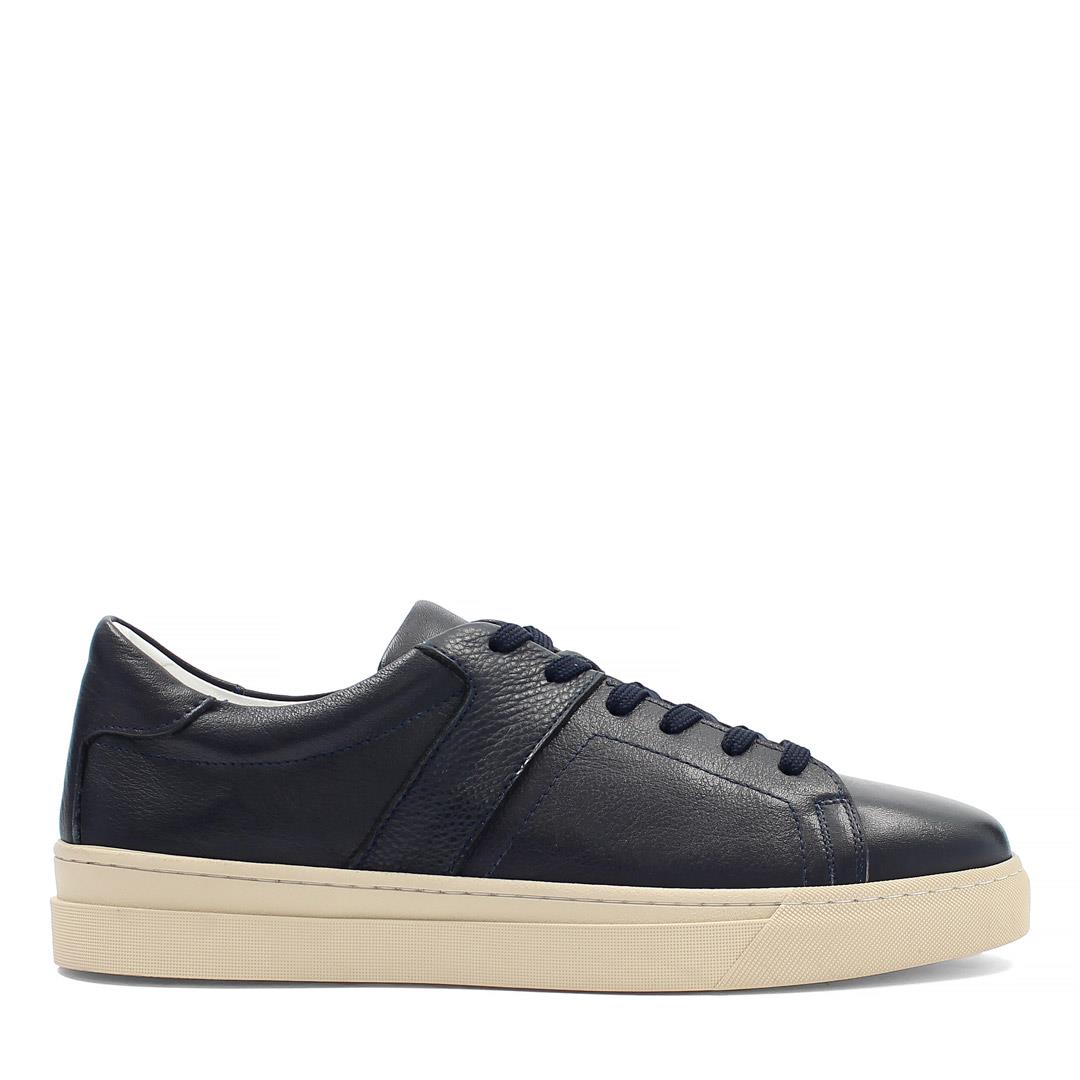 Erkek Lacivert Bağcıklı Kalın Tabanlı Deri Sneaker