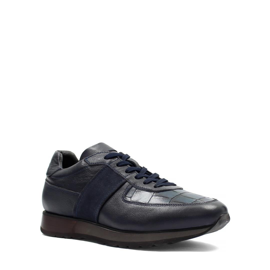 Erkek Lacivert Bağcıklı Deri Sneaker